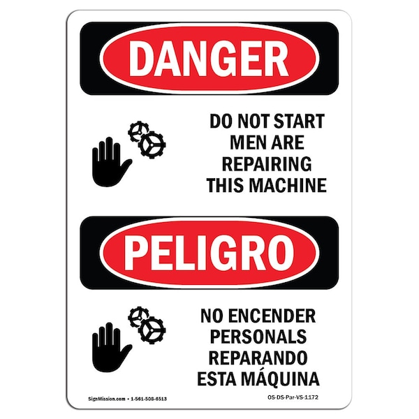 OSHA, Do Not Start Men Repairing Machine Bilingual, 18in X 12in Rigid Plastic, 12" W, 18" H, Spanish